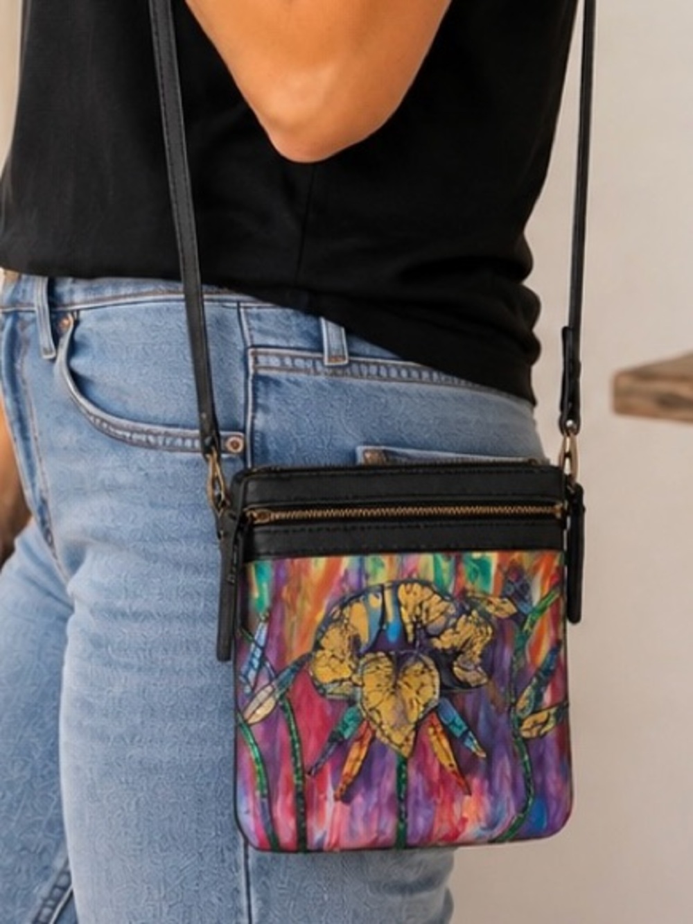 Artisan Multicolor Floral Crossbody Bag Leather & Suede Wearable Art Maximalist